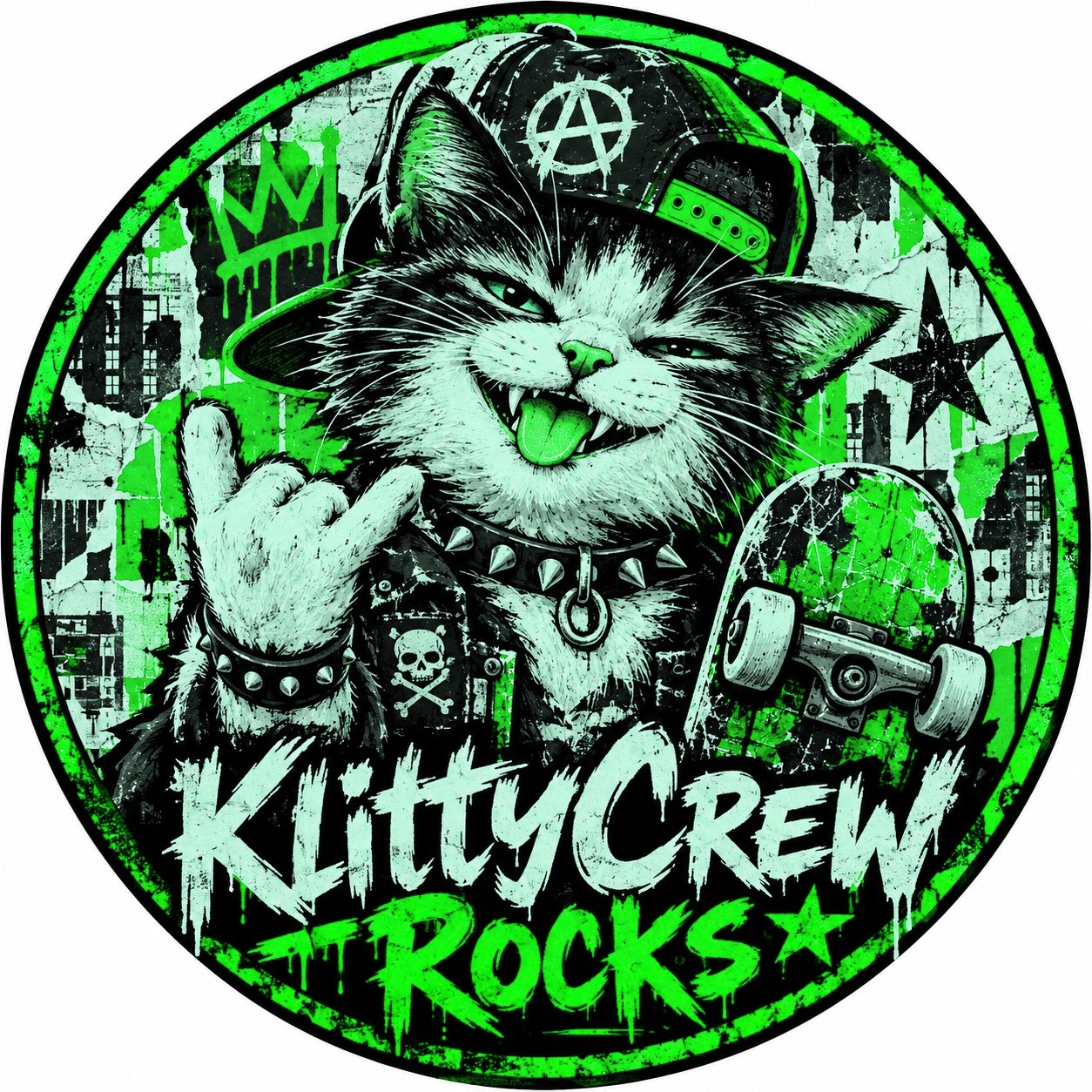 KlittyCrew graffiti cat sticker – Punk colour 2 – round street art sticker
