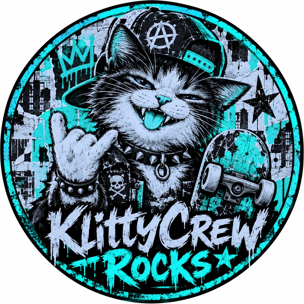 KlittyCrew graffiti cat sticker – Punk colour 3 – round street art sticker