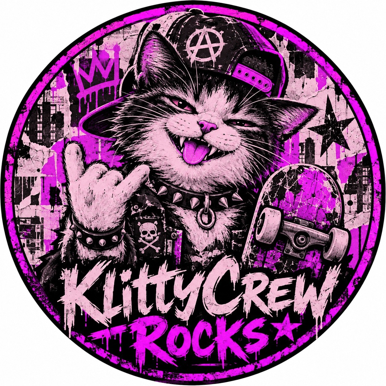 KlittyCrew graffiti cat sticker – Punk colour 5 – round street art sticker
