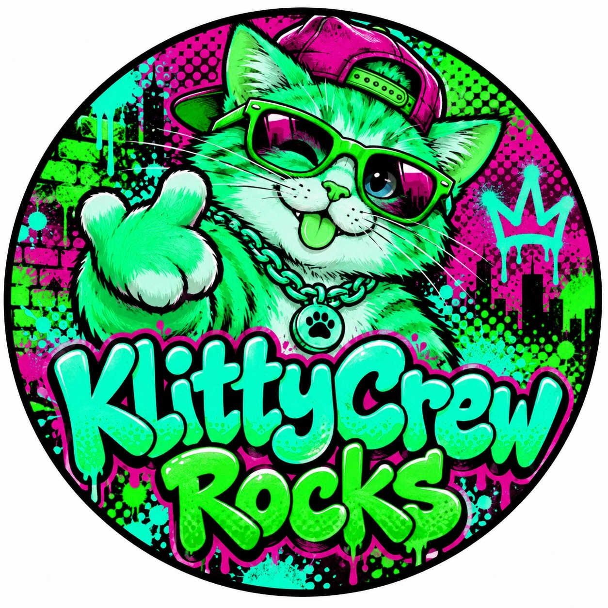 KlittyCrew graffiti cat sticker – Gold Chain colour 2 – round street art sticker