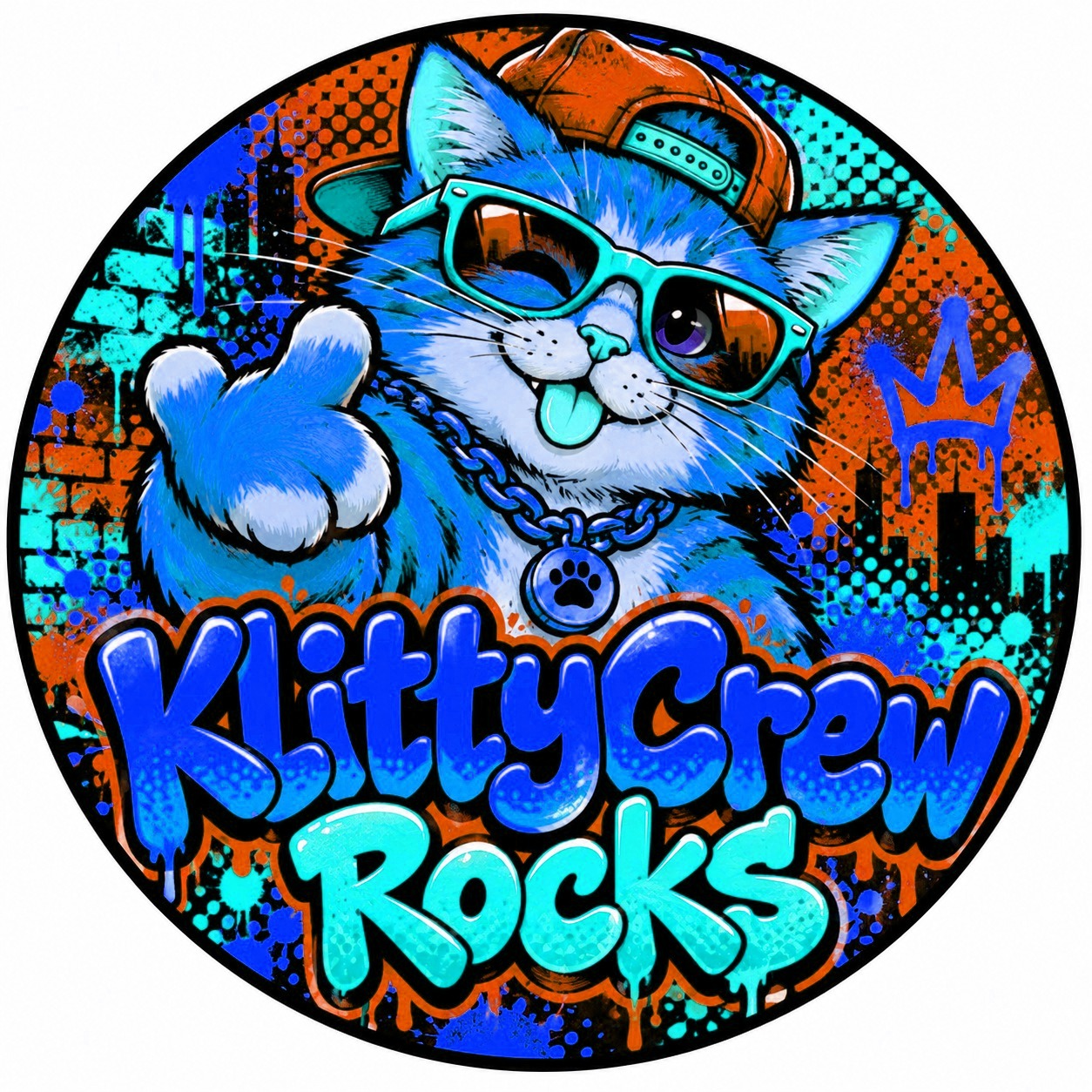 KlittyCrew graffiti cat sticker – Gold Chain colour 3 – round street art sticker
