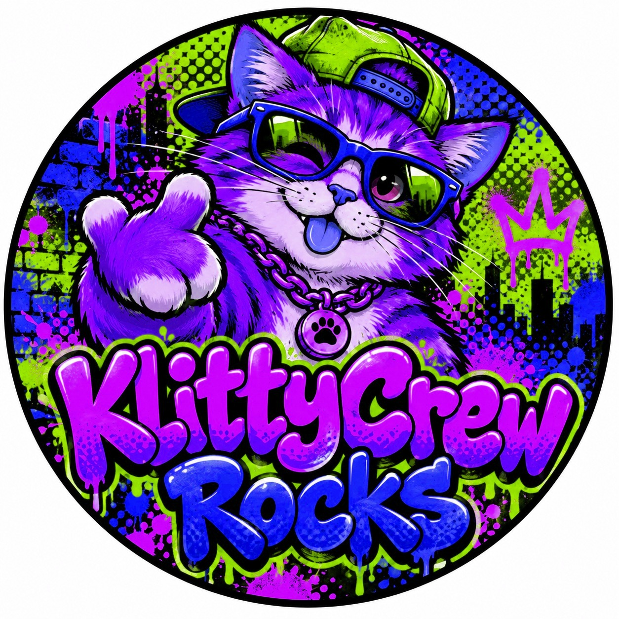 KlittyCrew graffiti cat sticker – Gold Chain colour 4 – round street art sticker