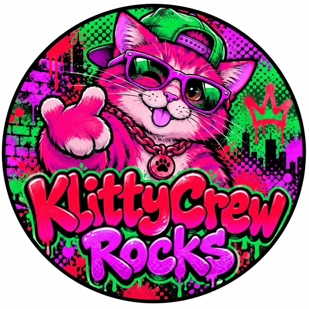 KlittyCrew graffiti cat sticker – Gold Chain colour 5 – round street art sticker