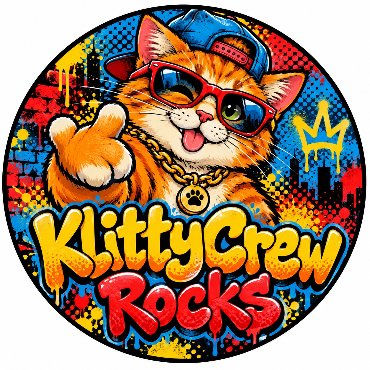 KlittyCrew graffiti cat sticker – Gold Chain – round street art sticker