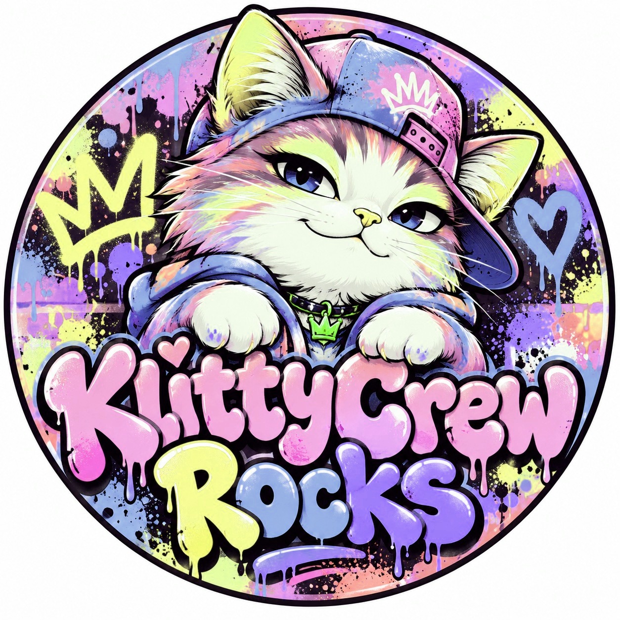 KlittyCrew graffiti cat sticker – Pastel colour 1 – round street art sticker