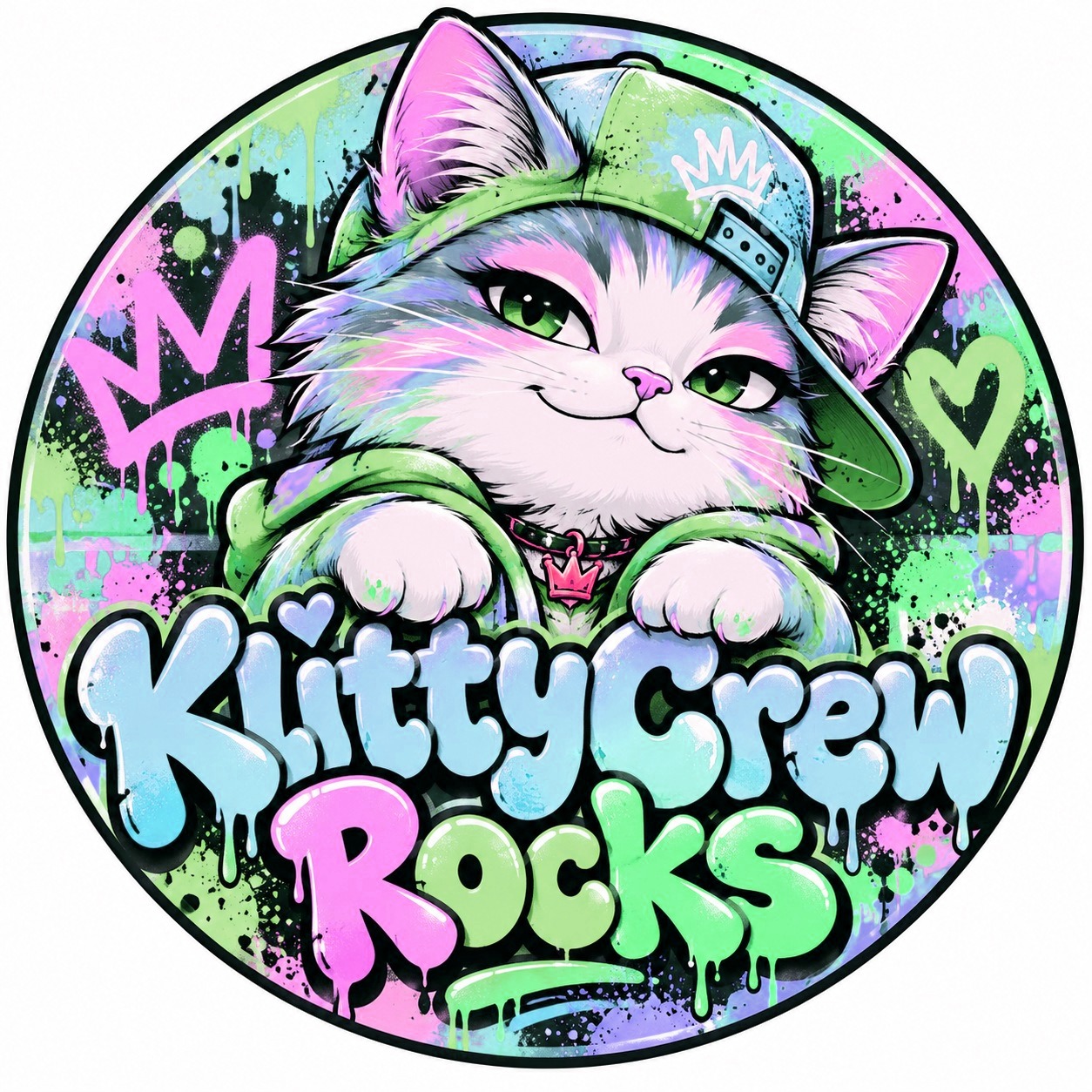 KlittyCrew graffiti cat sticker – Pastel colour 5 – round street art sticker