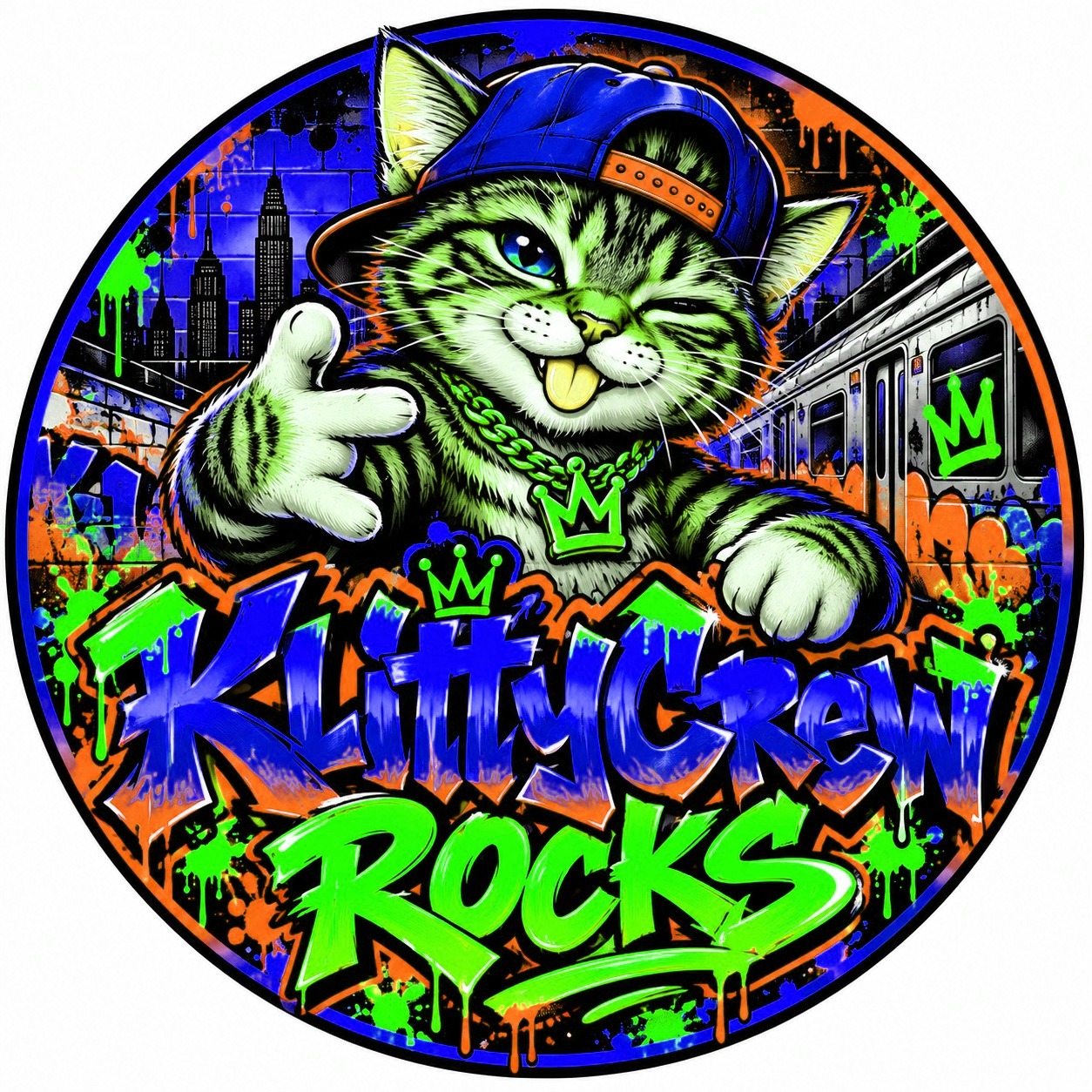 KlittyCrew graffiti cat sticker – Subway colour 1 – round street art sticker