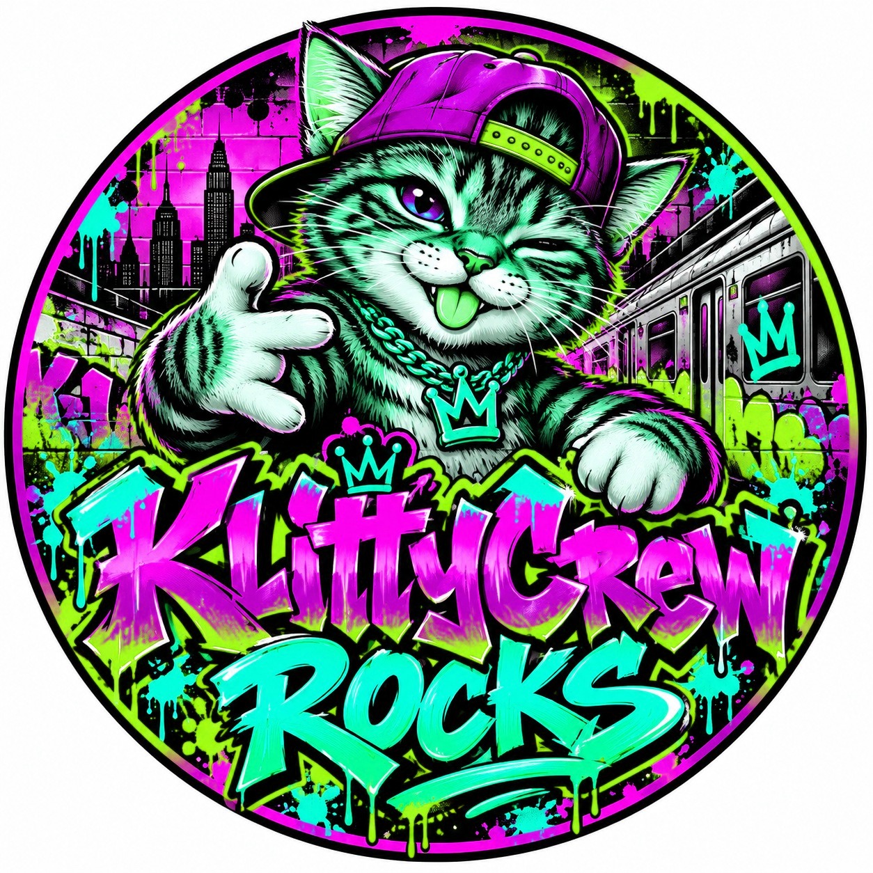 KlittyCrew graffiti cat sticker – Subway colour 2 – round street art sticker