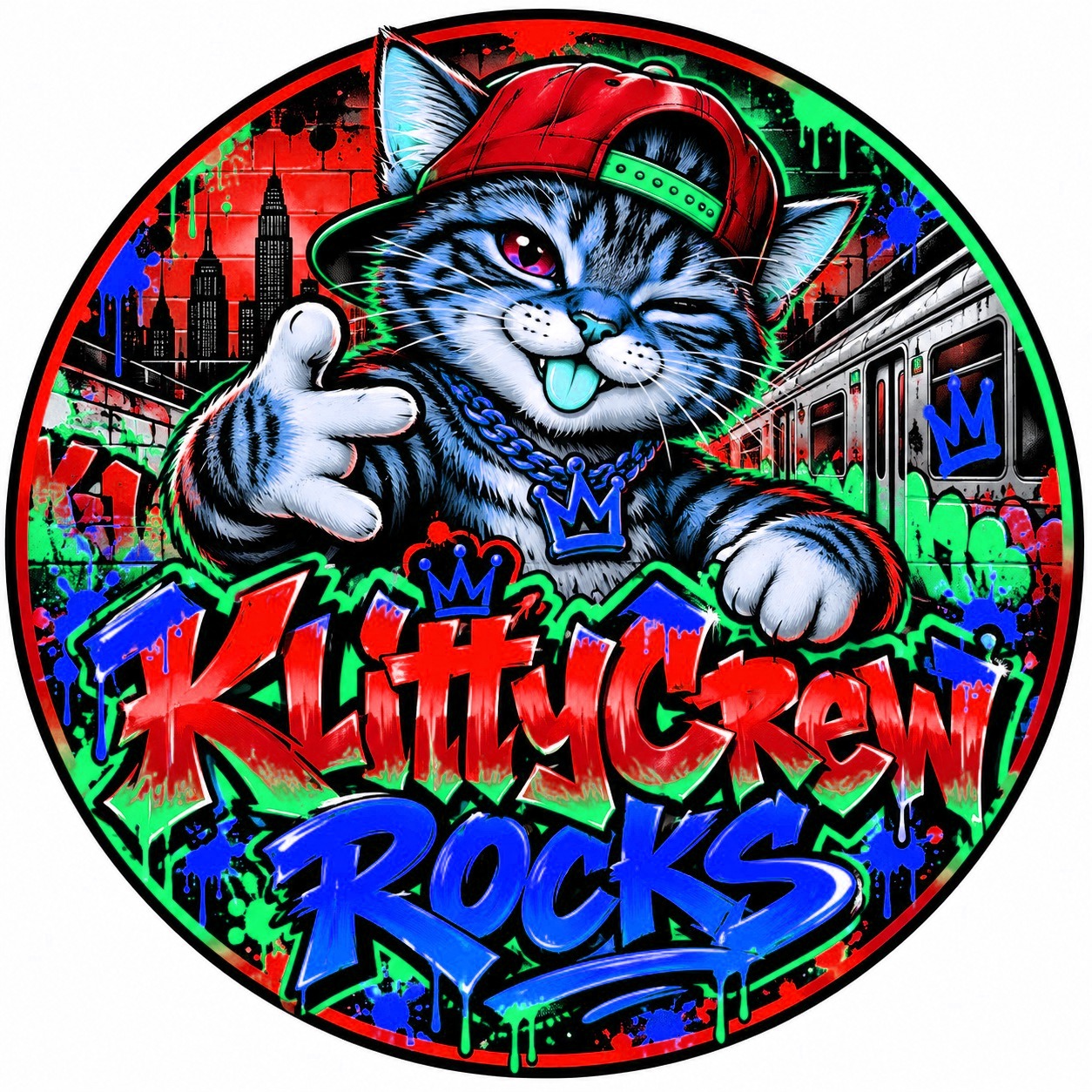 KlittyCrew graffiti cat sticker – Subway colour 3 – round street art sticker