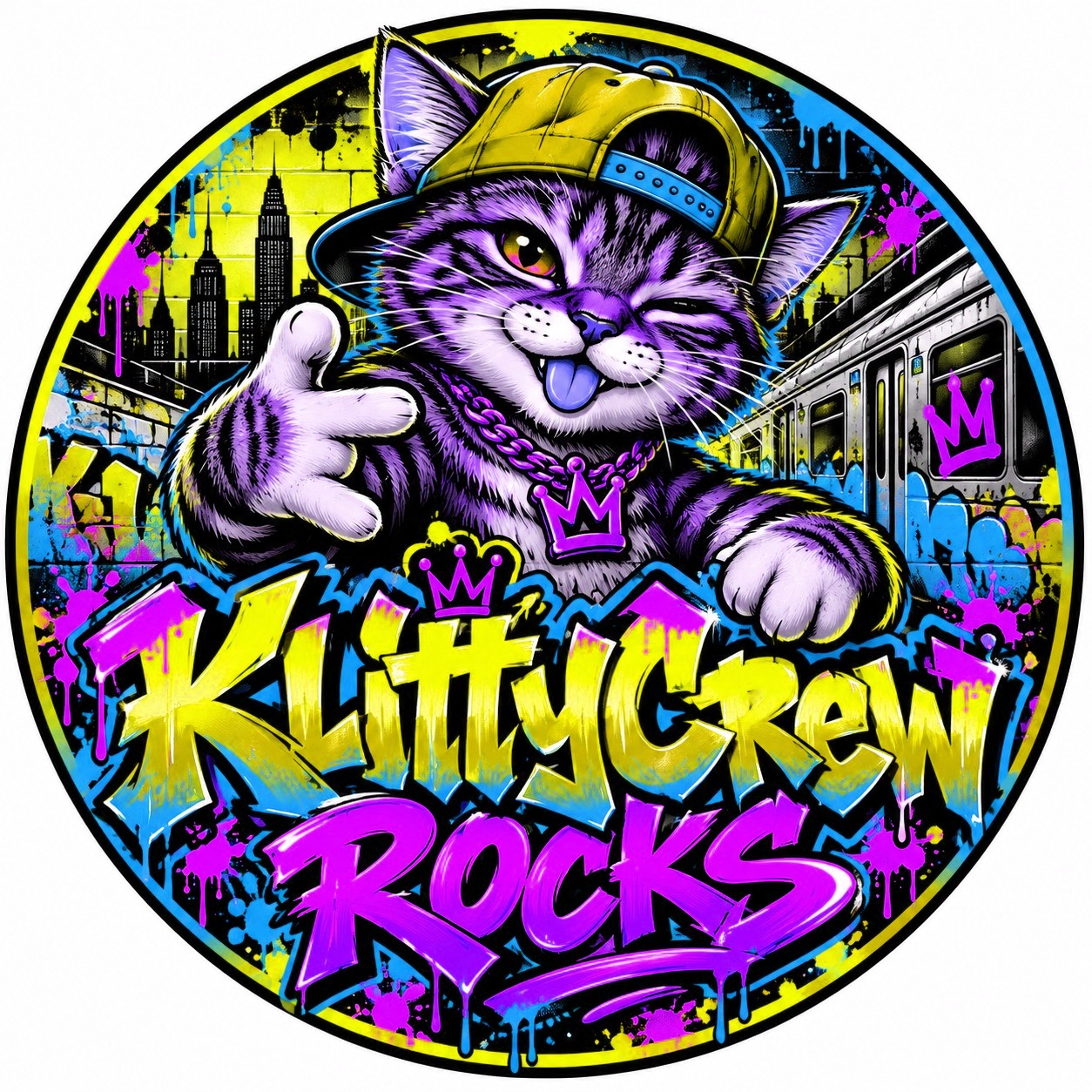 KlittyCrew graffiti cat sticker – Subway colour 4 – round street art sticker