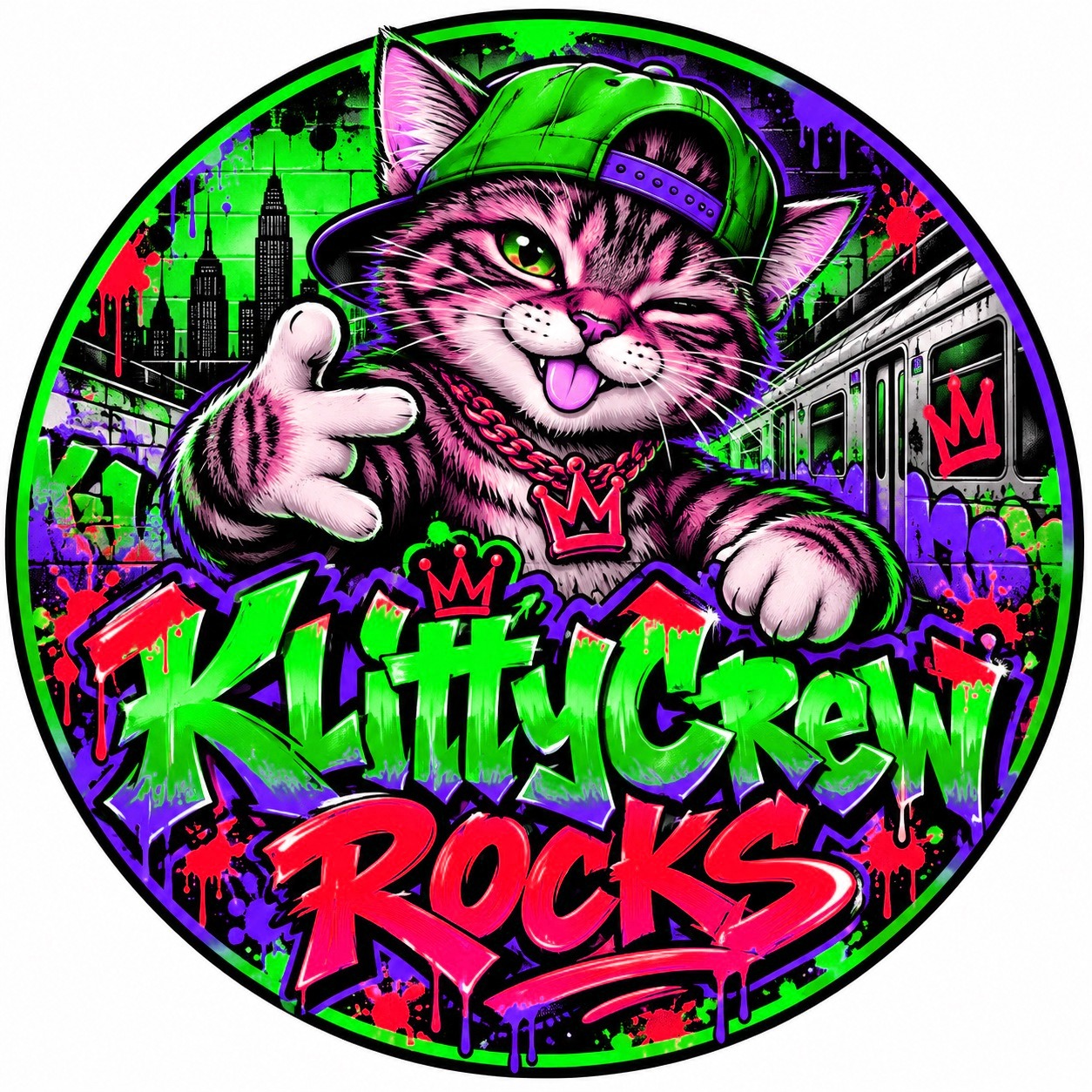 KlittyCrew graffiti cat sticker – Subway colour 5 – round street art sticker