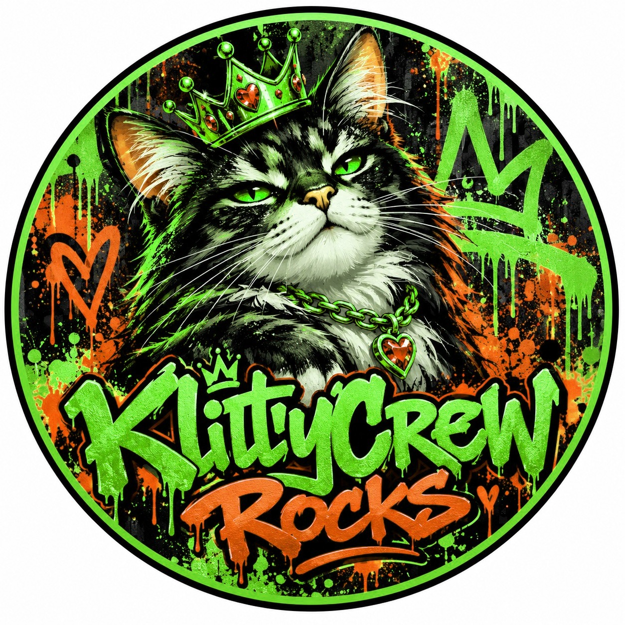 KlittyCrew graffiti cat sticker – Gold Crown colour 1 – round street art sticker