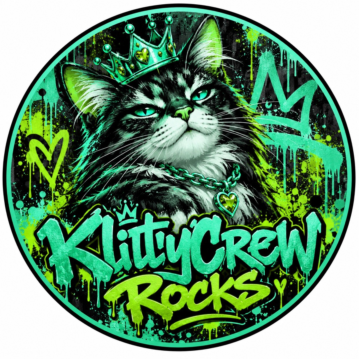 KlittyCrew graffiti cat sticker – Gold Crown colour 2 – round street art sticker