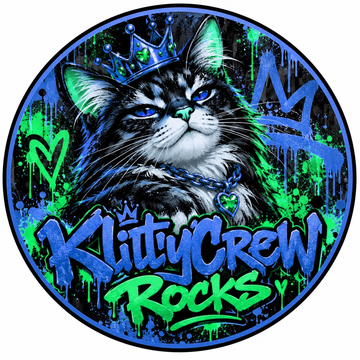 KlittyCrew graffiti cat sticker – Gold Crown colour 3 – round street art sticker