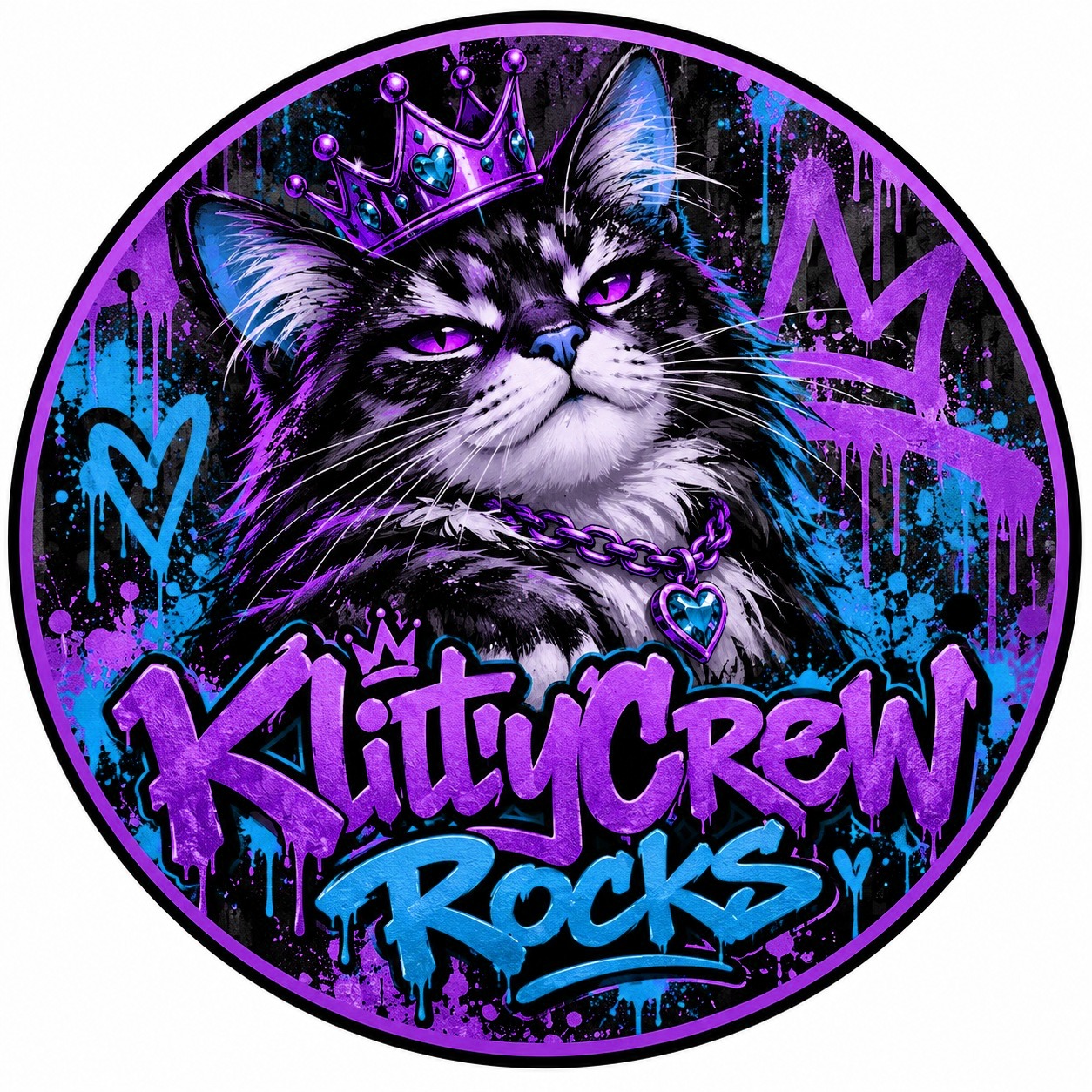 KlittyCrew graffiti cat sticker – Gold Crown colour 4 – round street art sticker