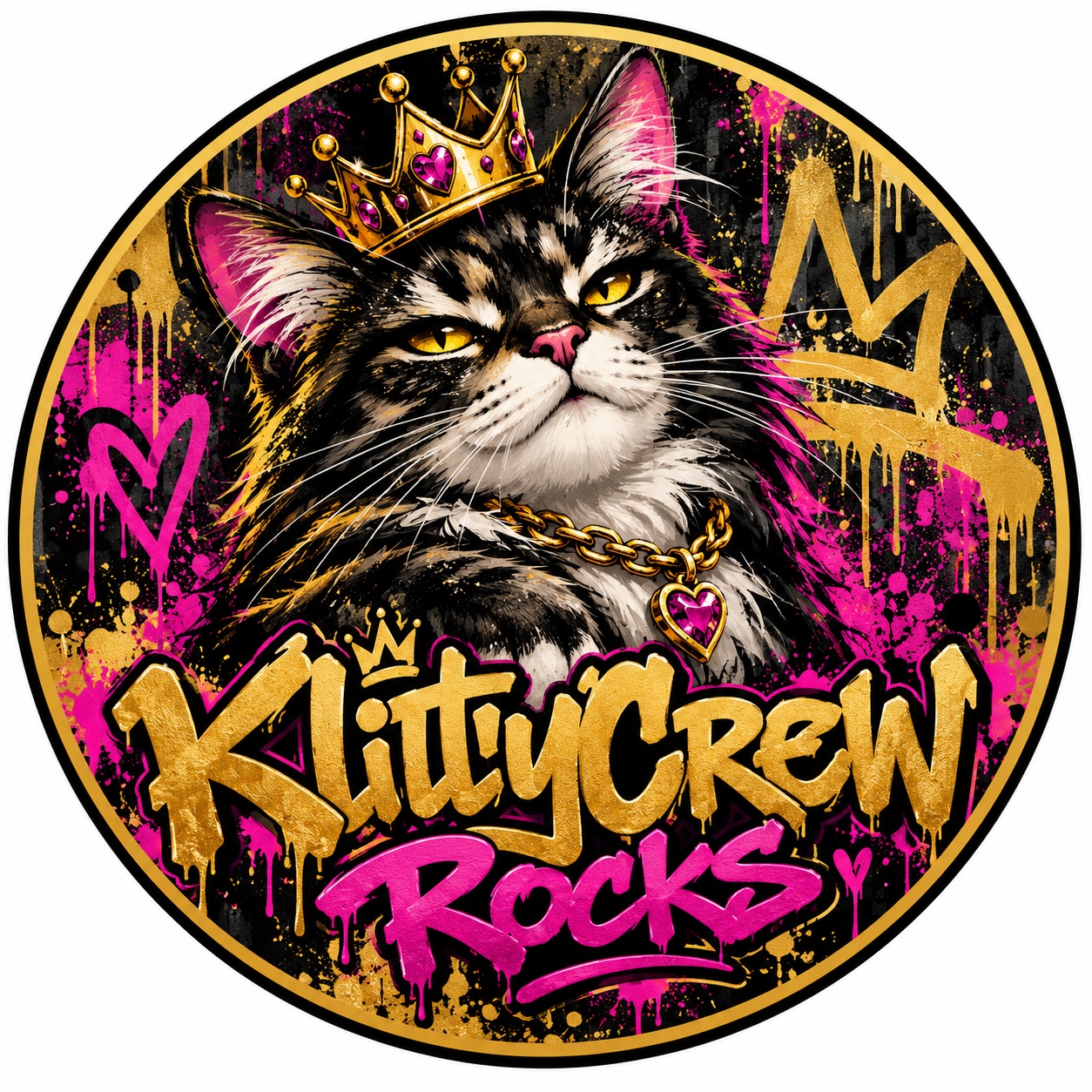 KlittyCrew graffiti cat sticker – Gold Crown – round street art sticker