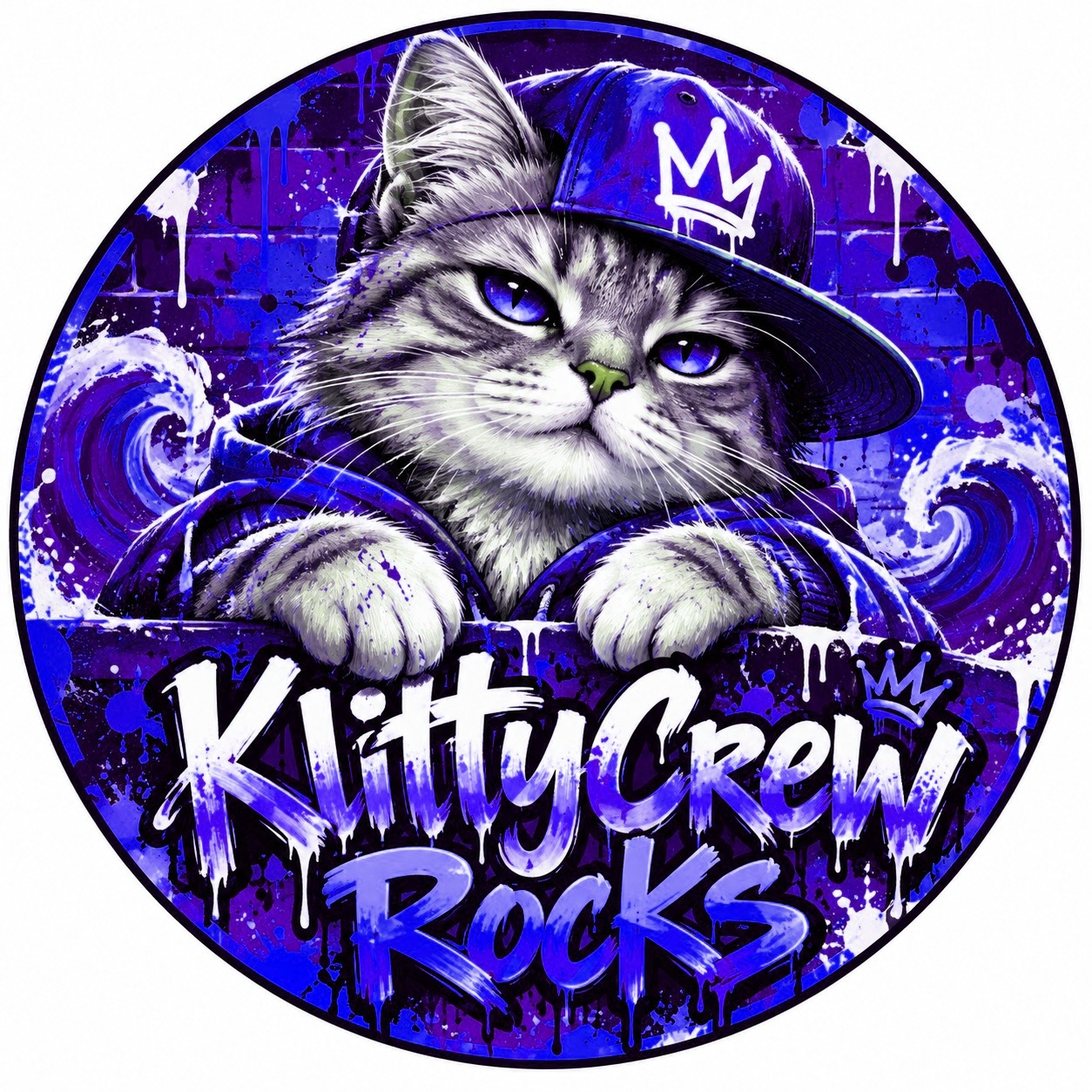 KlittyCrew graffiti cat sticker – Blue Wave colour 1 – round street art sticker