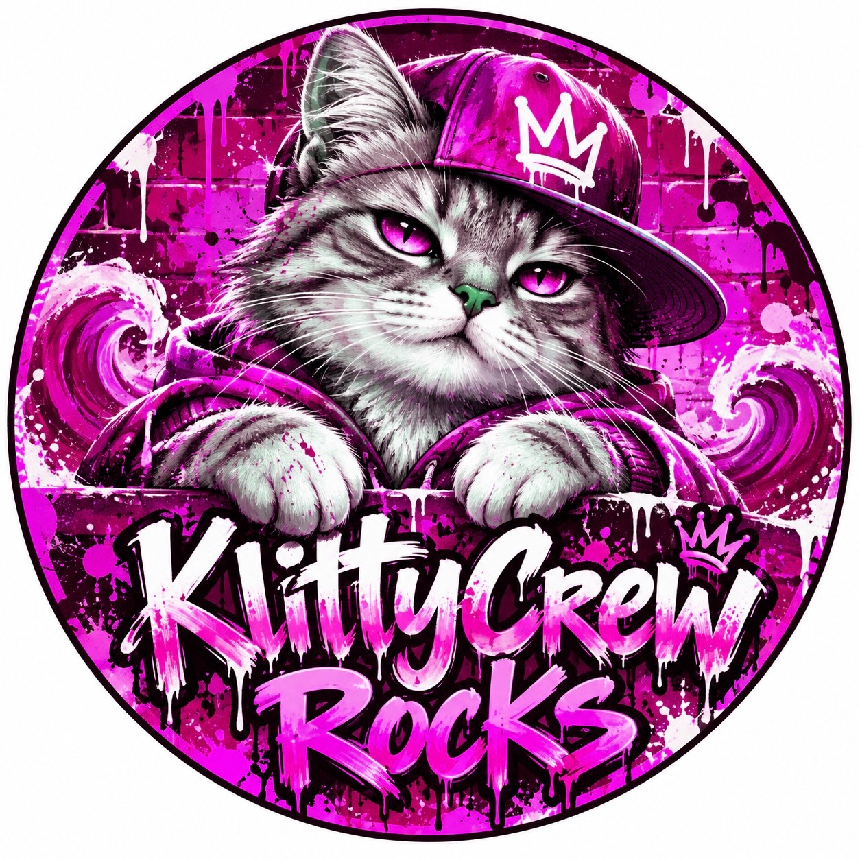 KlittyCrew graffiti cat sticker – Blue Wave colour 2 – round street art sticker