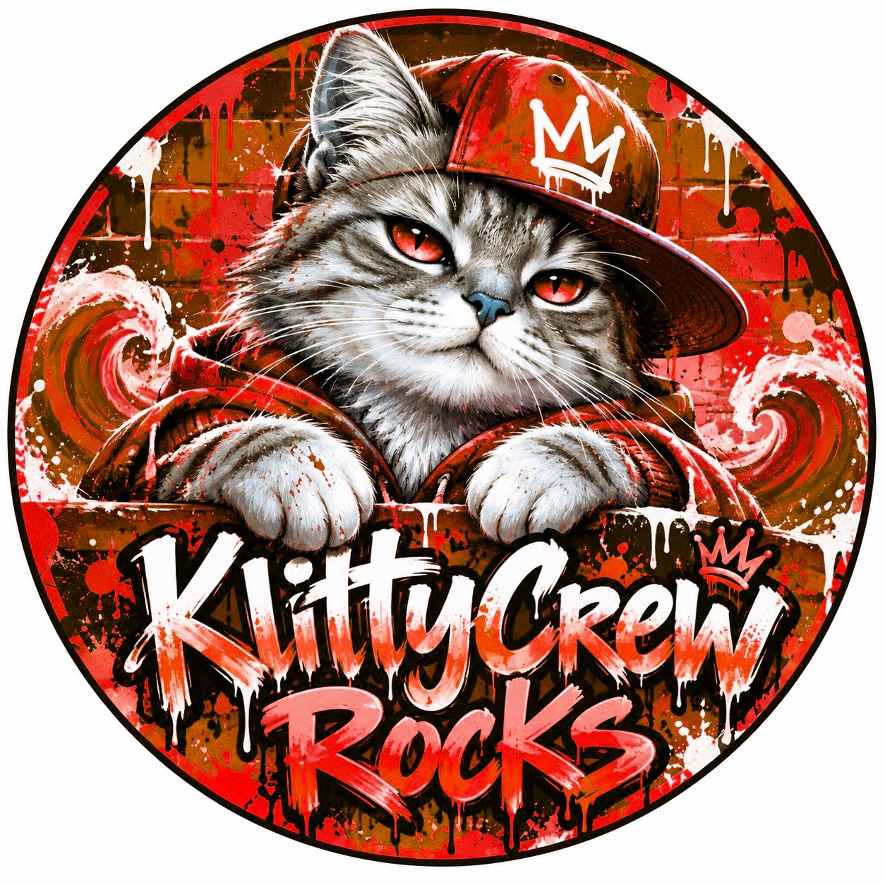 KlittyCrew graffiti cat sticker – Blue Wave colour 3 – round street art sticker