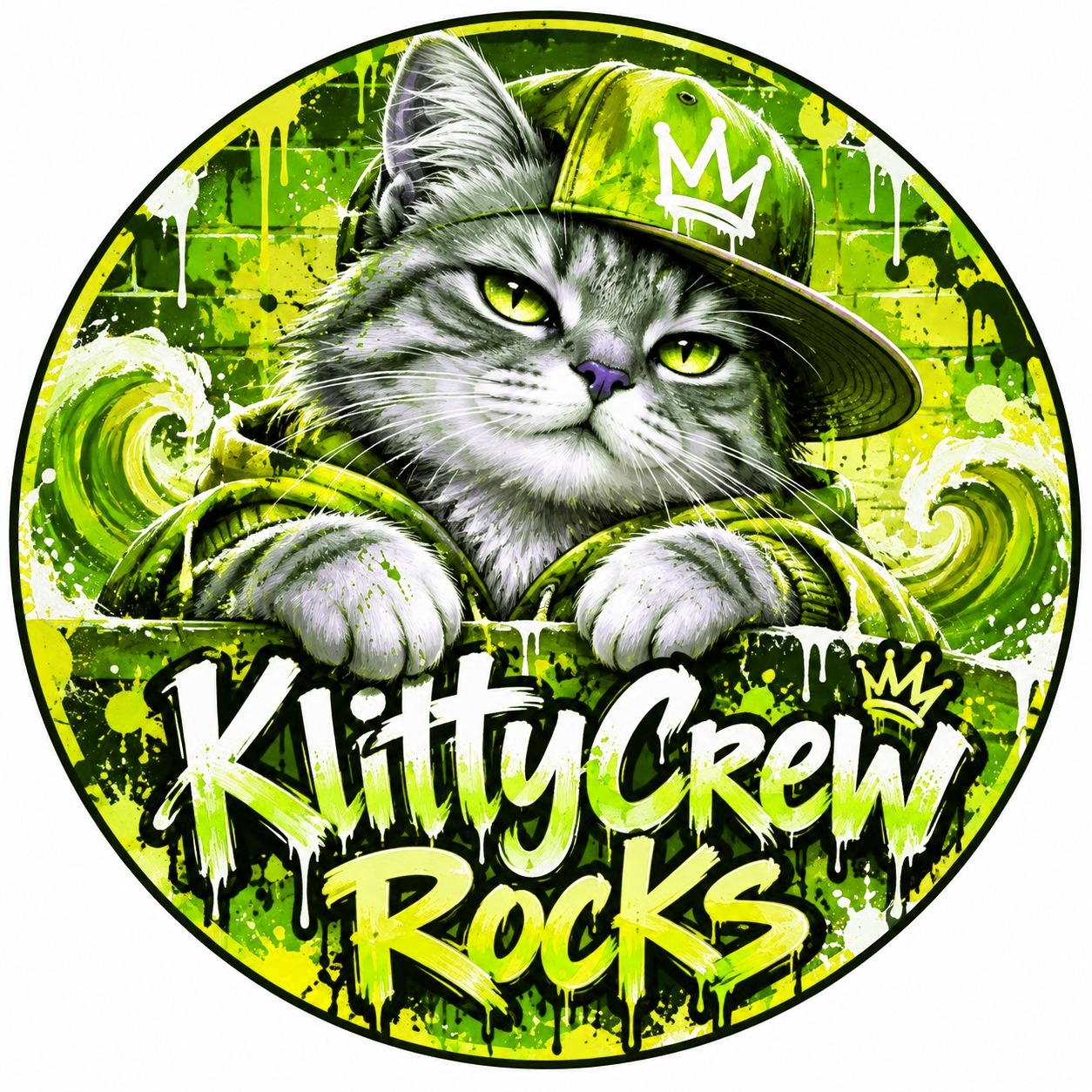 KlittyCrew graffiti cat sticker – Blue Wave colour 4 – round street art sticker