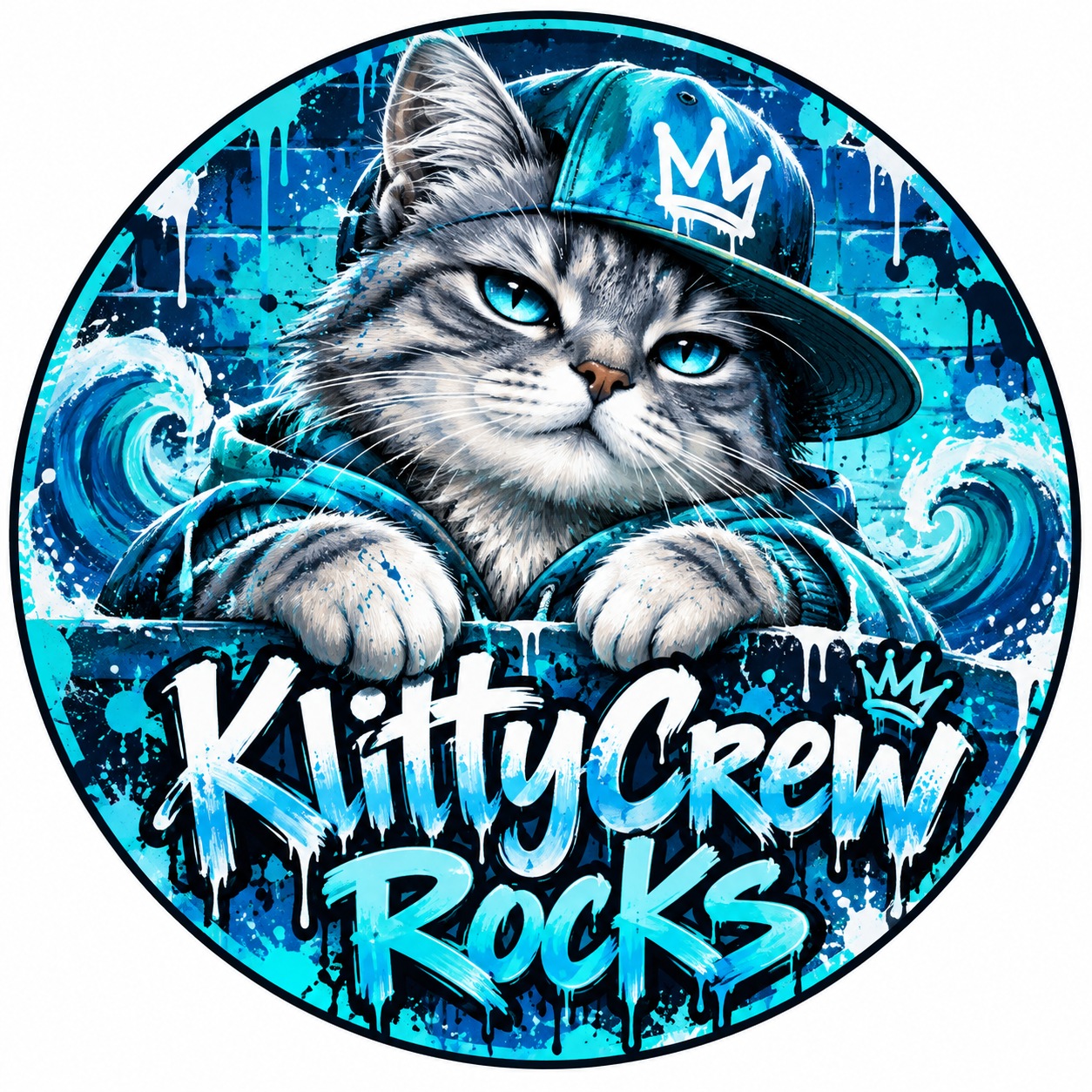 KlittyCrew graffiti cat sticker – Blue Wave – round street art sticker
