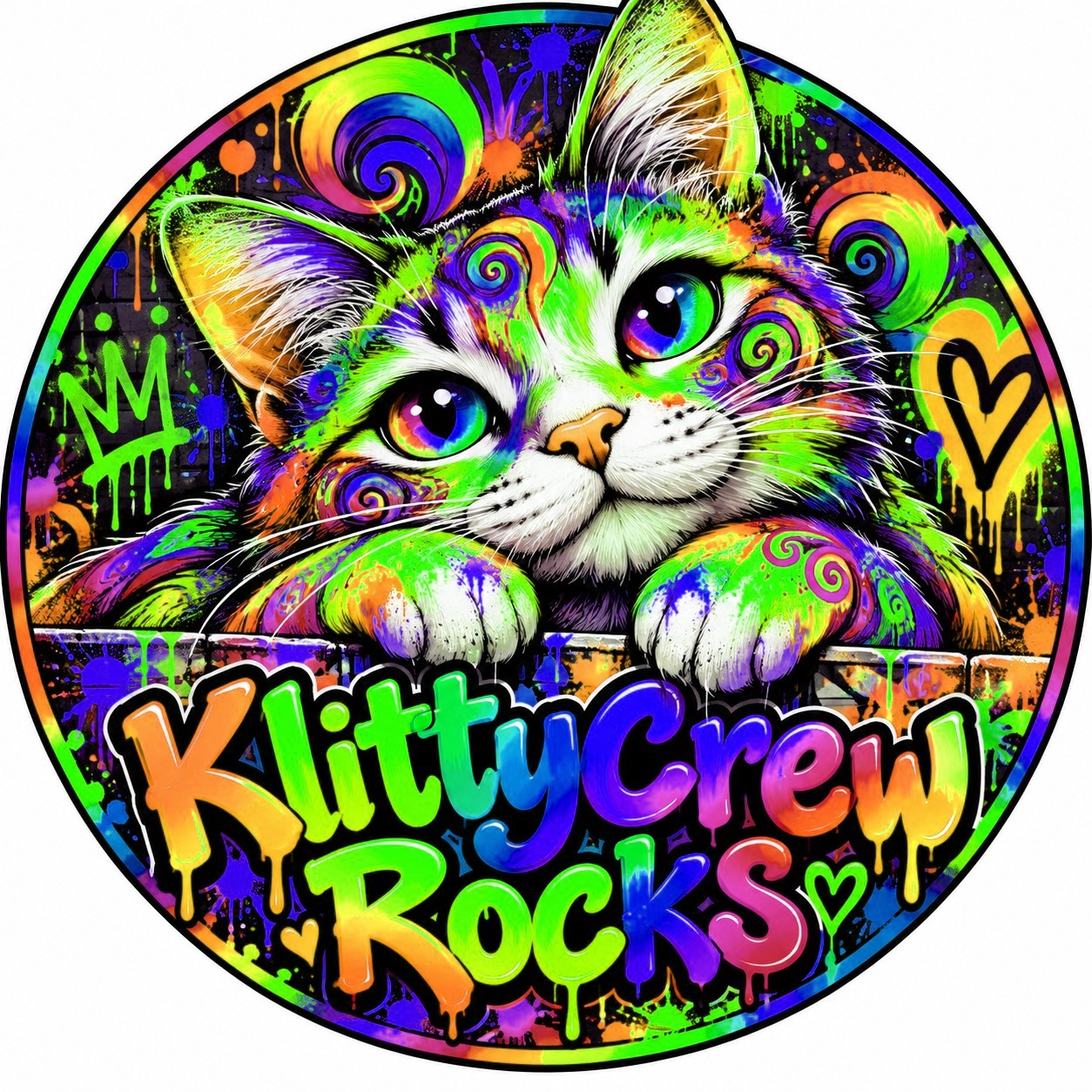 KlittyCrew graffiti cat sticker – Rainbow colour 1 – round street art sticker