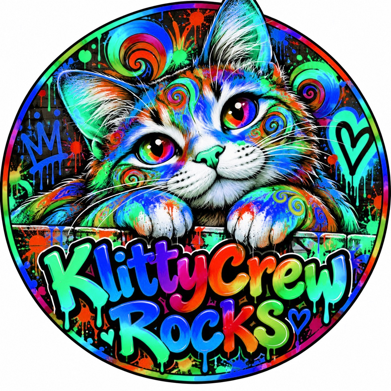 KlittyCrew graffiti cat sticker – Rainbow colour 3 – round street art sticker