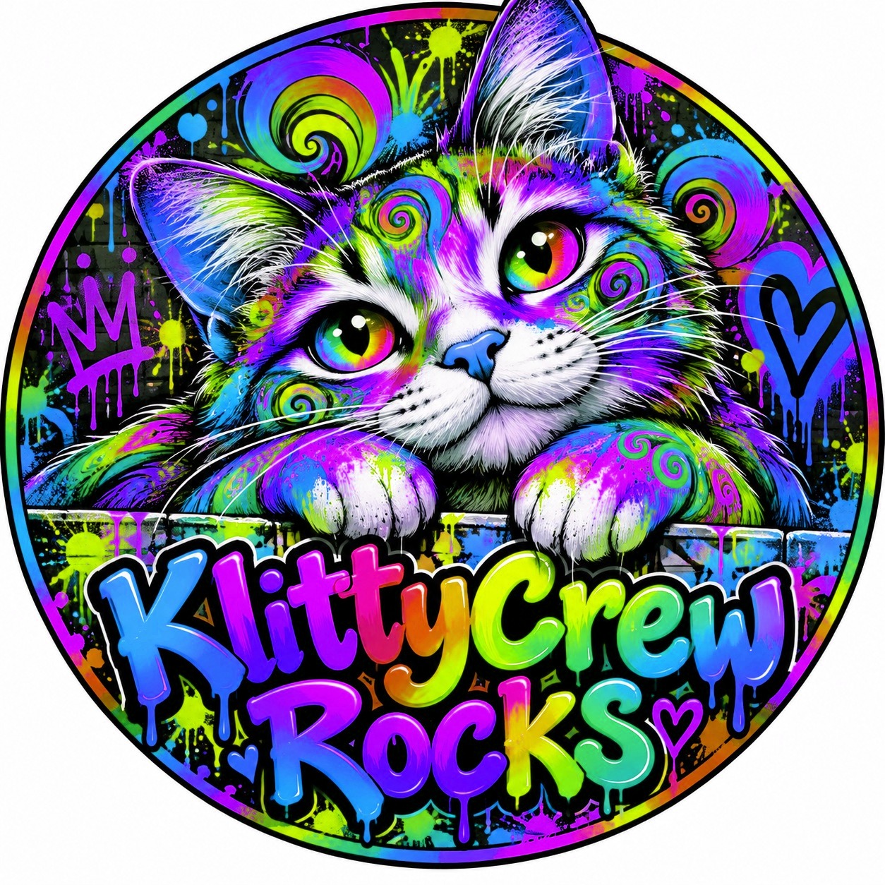 KlittyCrew graffiti cat sticker – Rainbow colour 4 – round street art sticker