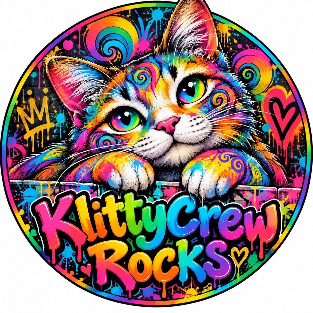 KlittyCrew graffiti cat sticker – Rainbow – round street art sticker