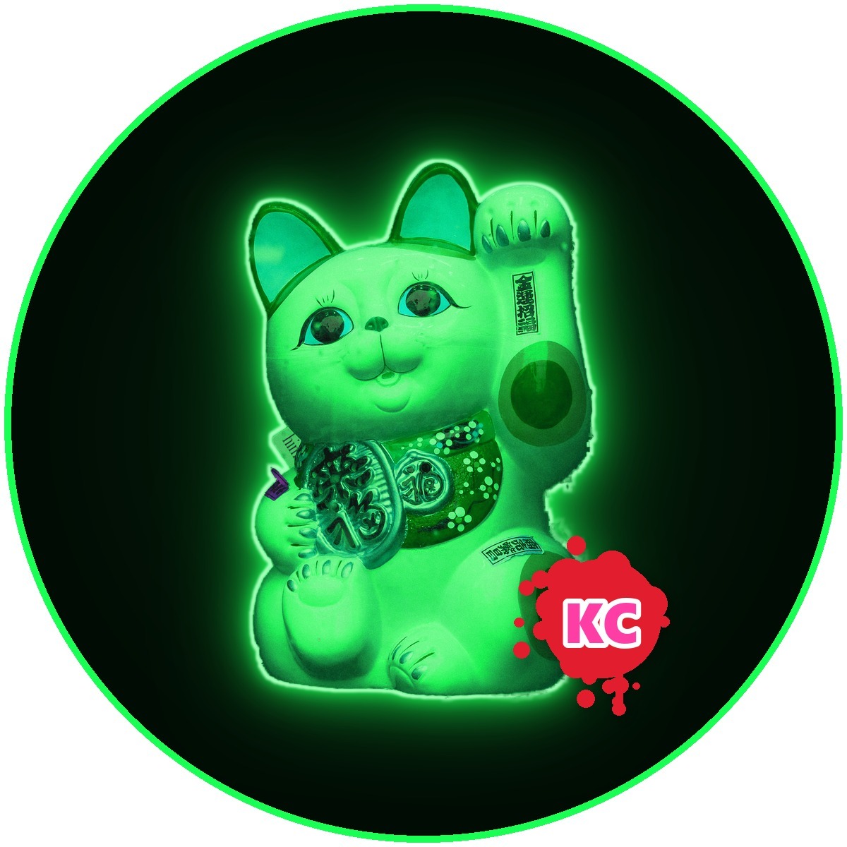 Neon Green lucky cat sticker – round street art sticker