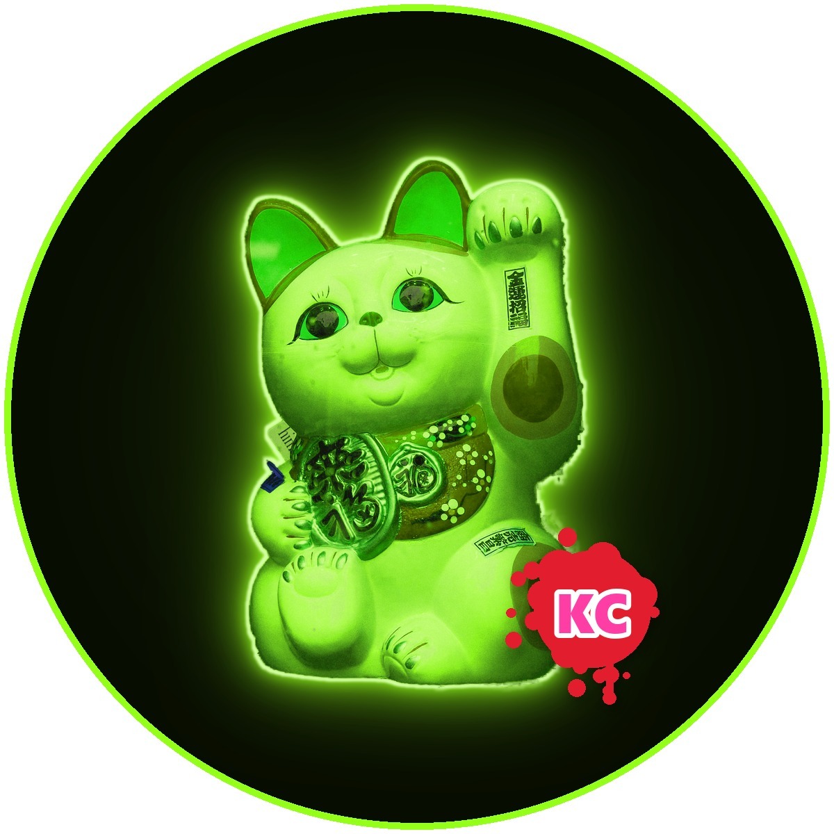 Neon Lime lucky cat sticker – round street art sticker