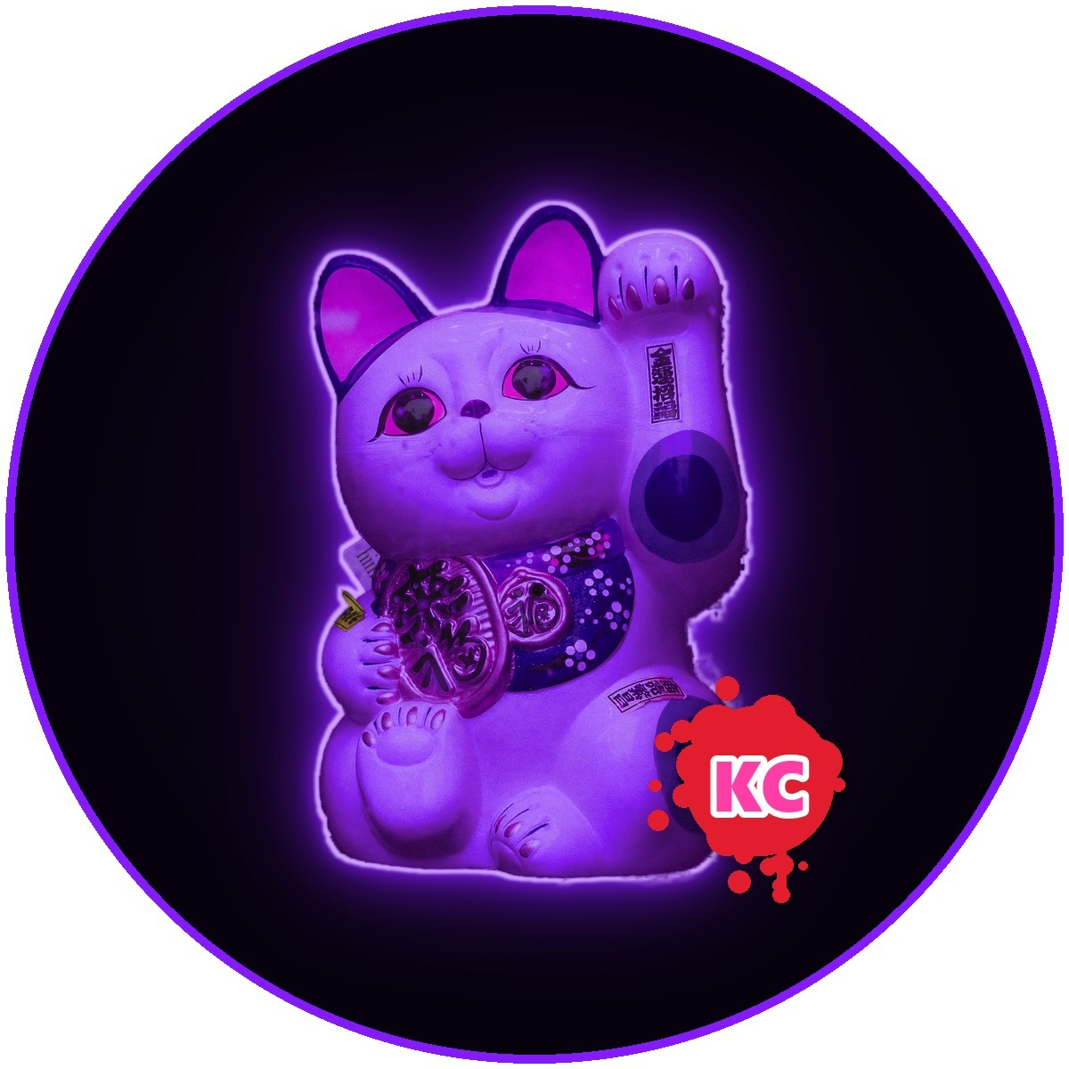 Neon Purple lucky cat sticker – round street art sticker