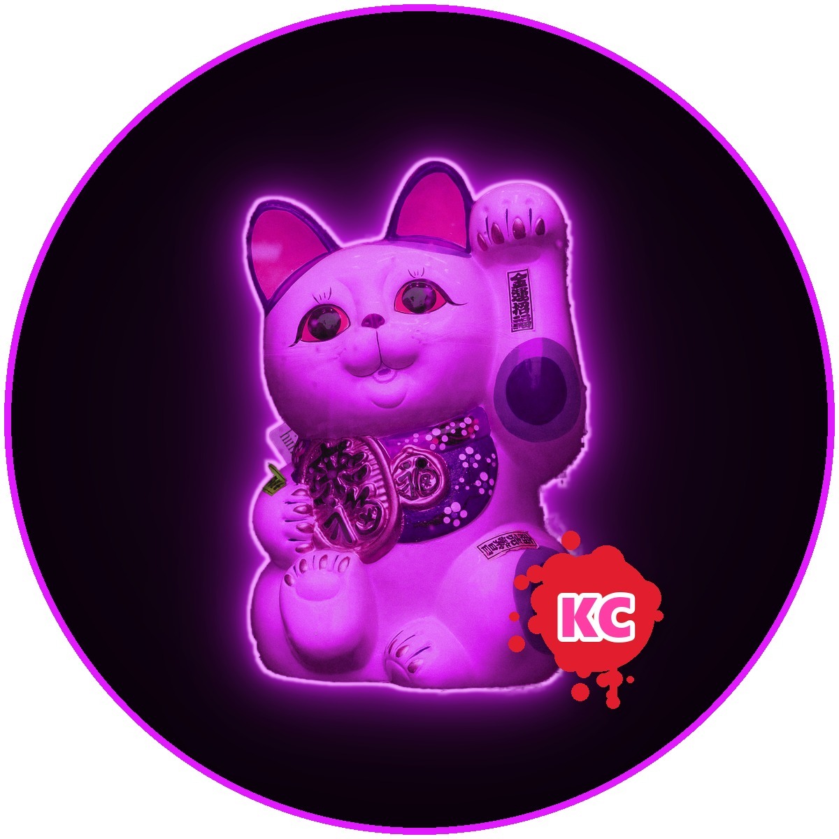 Neon Violet lucky cat sticker – round street art sticker