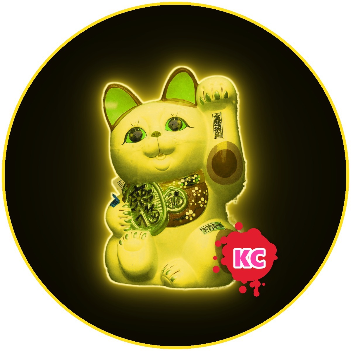Neon Yellow lucky cat sticker – round street art sticker