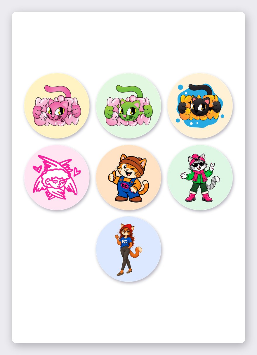 Bubble cat & Klitty Crew sticker set 1 – 7 round stickers on one A5 sheet