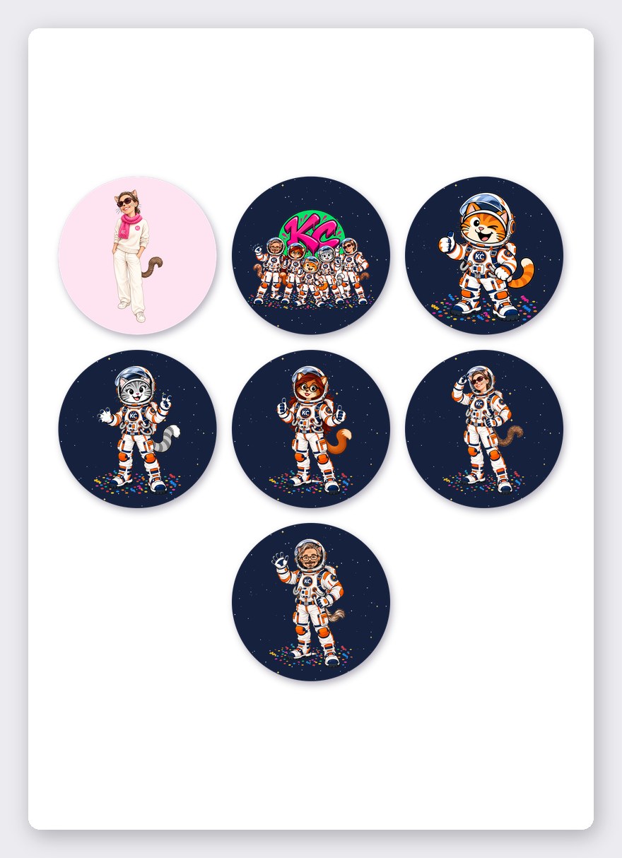 Bubble cat & Klitty Crew sticker set 2 – 7 round stickers on one A5 sheet