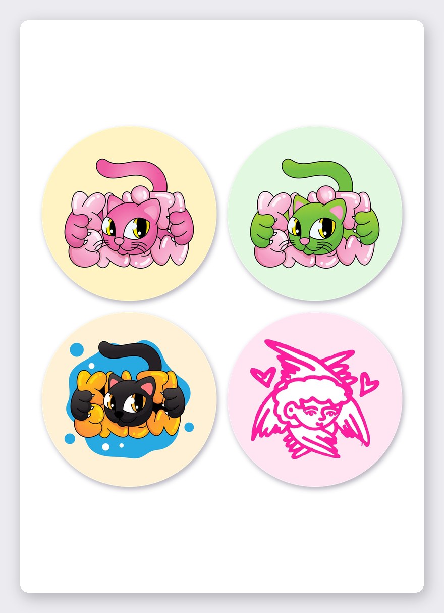 Bubble cat & angel sticker set – 4 round stickers on one A5 sheet