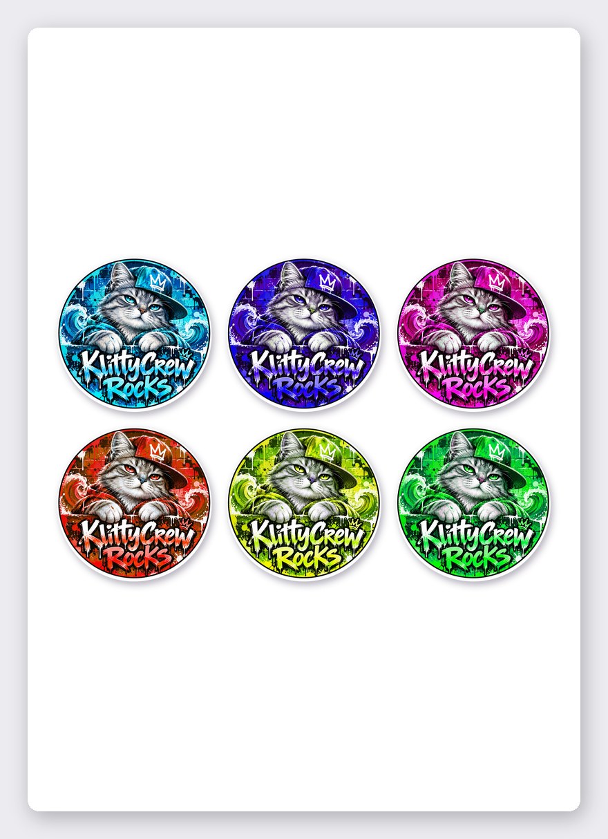 KlittyCrew «Blue Wave» graffiti cat sticker set – 6 round stickers on one A5 sheet