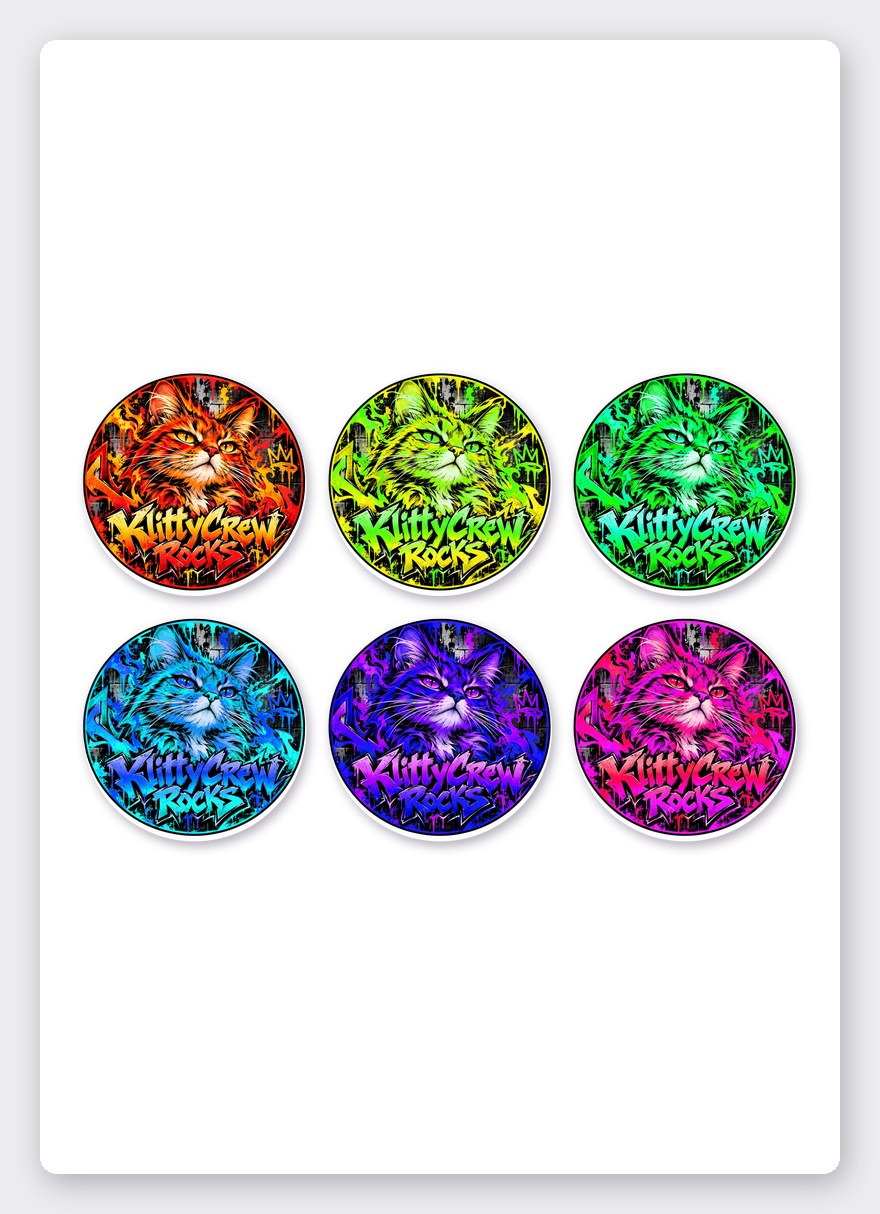 KlittyCrew «Fire» graffiti cat sticker set – 6 round stickers on one A5 sheet
