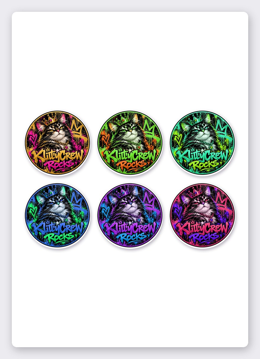 KlittyCrew «Gold Crown» graffiti cat sticker set – 6 round stickers on one A5 sheet