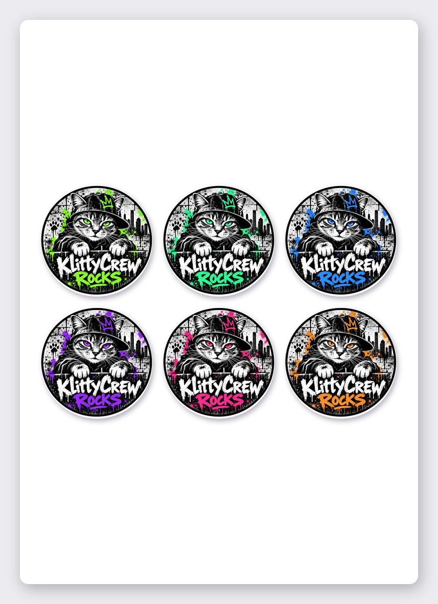 KlittyCrew «Green Neon» graffiti cat sticker set – 6 round stickers on one A5 sheet