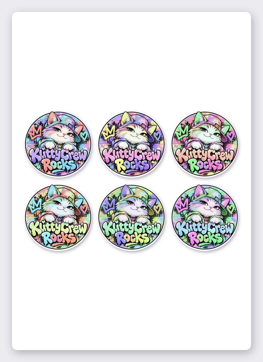 KlittyCrew «Pastel» graffiti cat sticker set – 6 round stickers on one A5 sheet