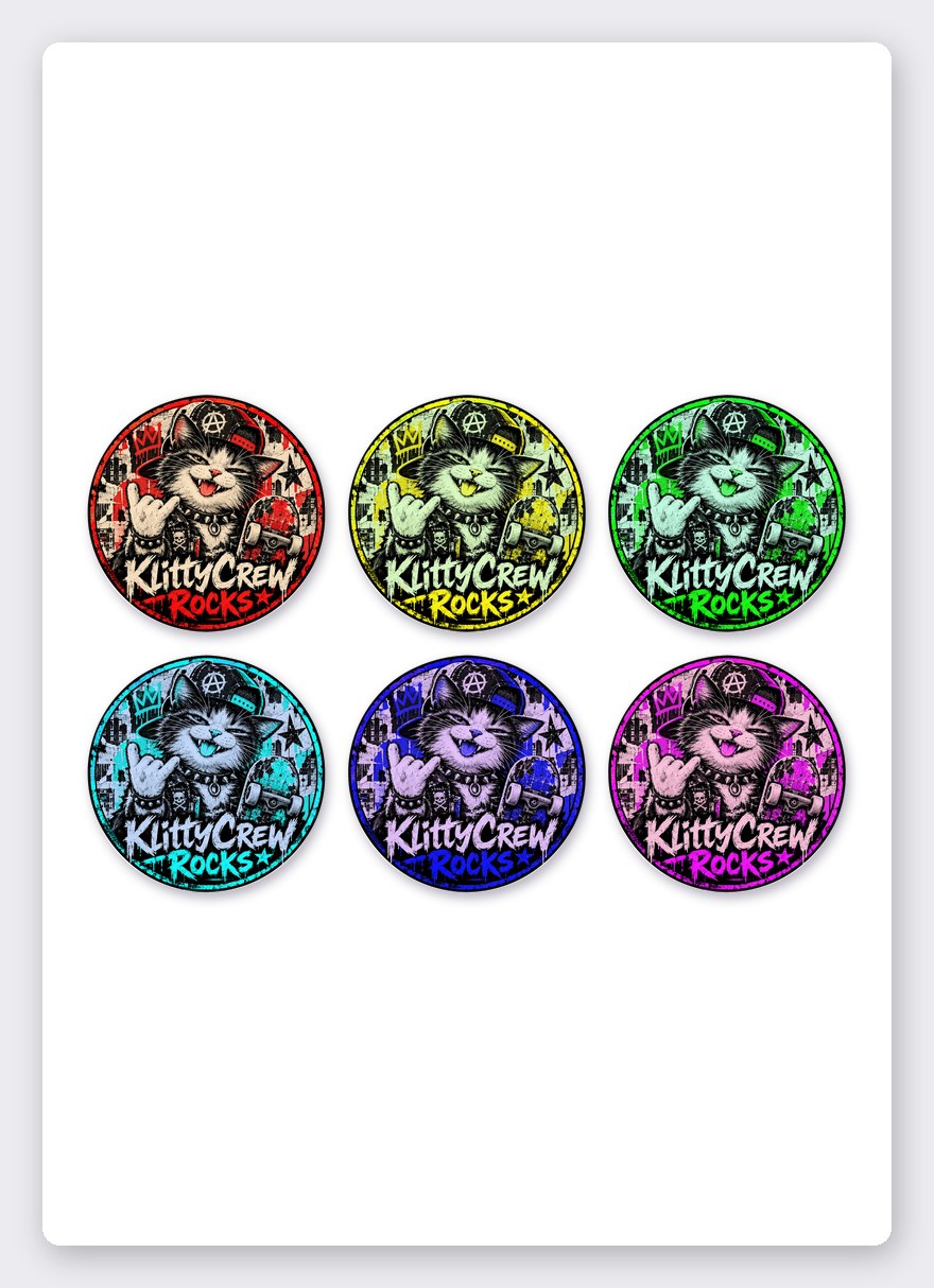 KlittyCrew «Punk» graffiti cat sticker set – 6 round stickers on one A5 sheet