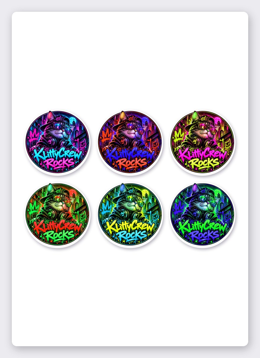 KlittyCrew «Purple Night» graffiti cat sticker set – 6 round stickers on one A5 sheet