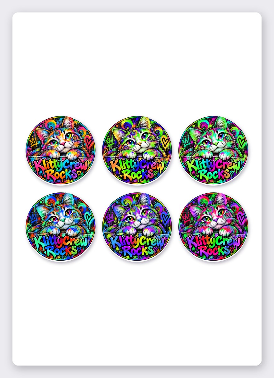 KlittyCrew «Rainbow» graffiti cat sticker set – 6 round stickers on one A5 sheet