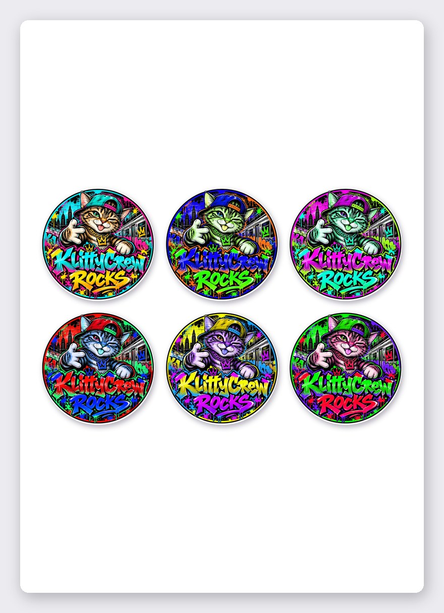 KlittyCrew «Subway» graffiti cat sticker set – 6 round stickers on one A5 sheet