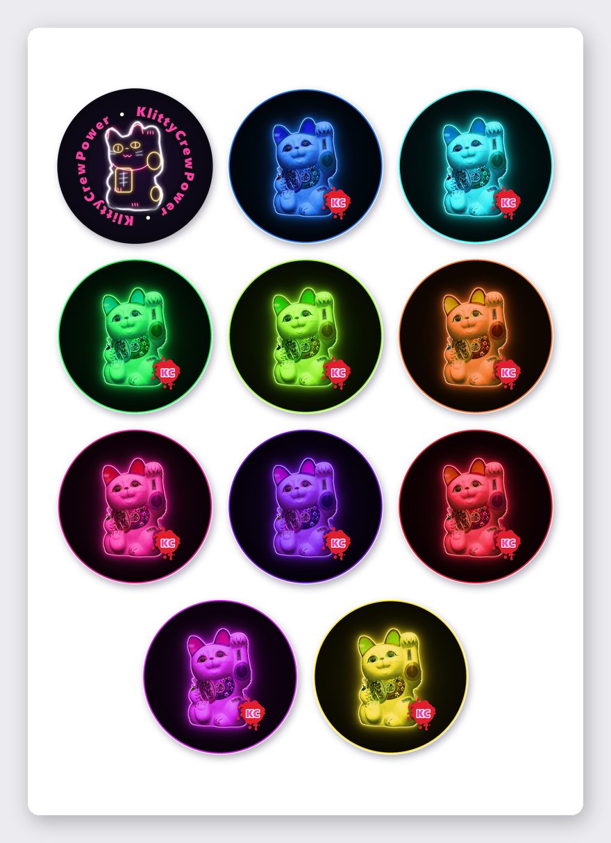 Neon lucky cat sticker set – 11 round stickers on one A5 sheet