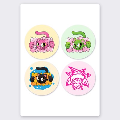 Bubble cat & angel sticker set – 4 round stickers on one sheet