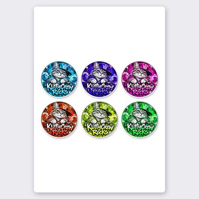 KlittyCrew «Blue Wave» graffiti cat sticker set – 6 round stickers on one sheet