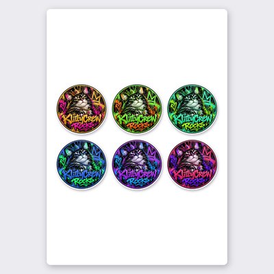 KlittyCrew «Gold Crown» graffiti cat sticker set – 6 round stickers on one sheet